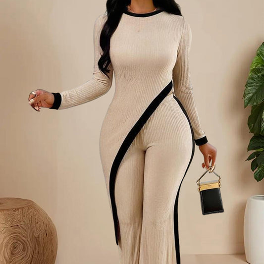 Women's  Elegant Round-neck Two-piece Long-sleeved Pants With Decorative Edges For Spring & Fall