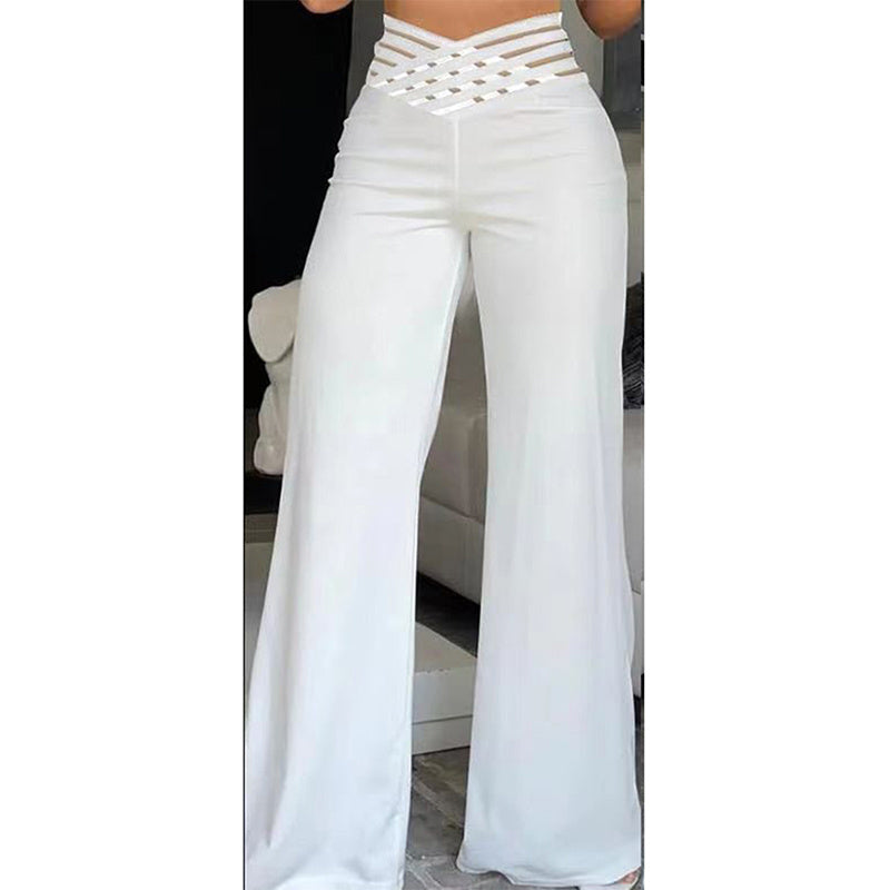 Women's Transparent Mesh Patchwork High Waist Pants With Elegant Cross Detail, Solid Color Fashion Trousers