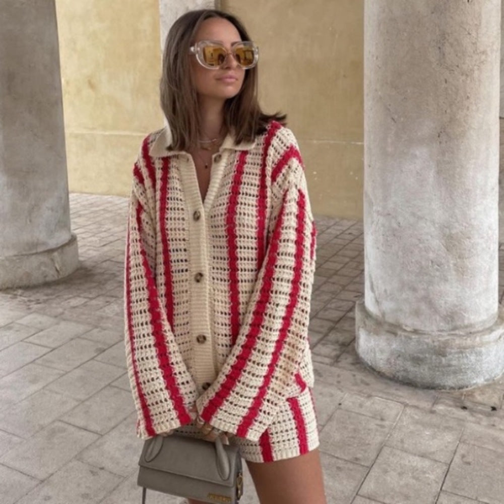 Cardigan Button Stripe Sweater Two Piece