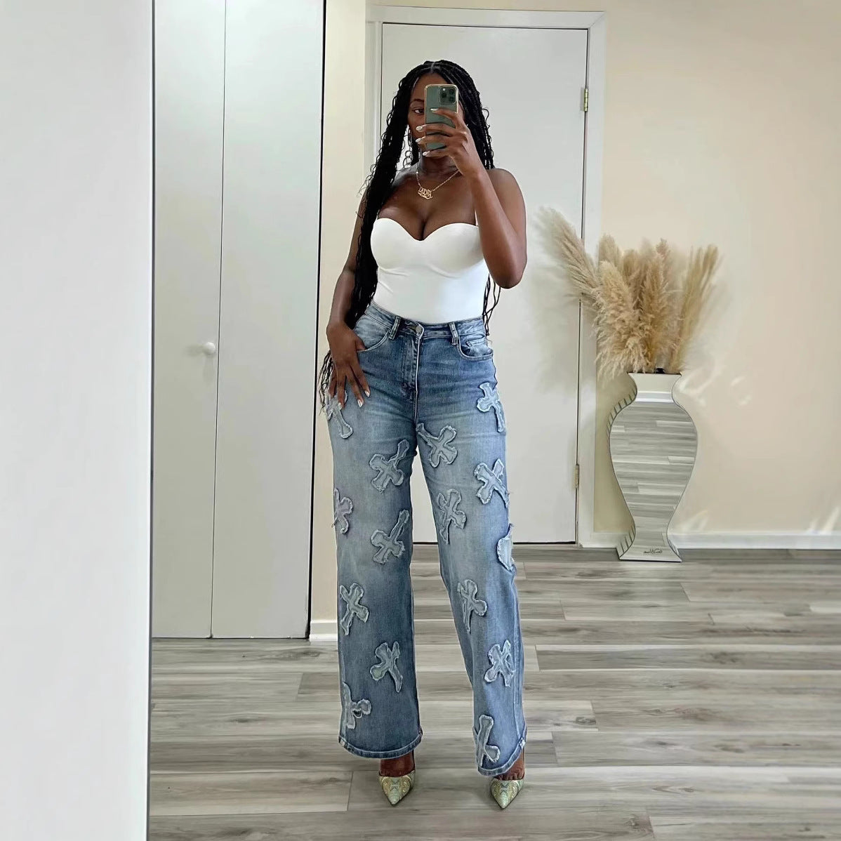 Vintage Washed Denim Fringe Cross Patch Straight Women's Jeans