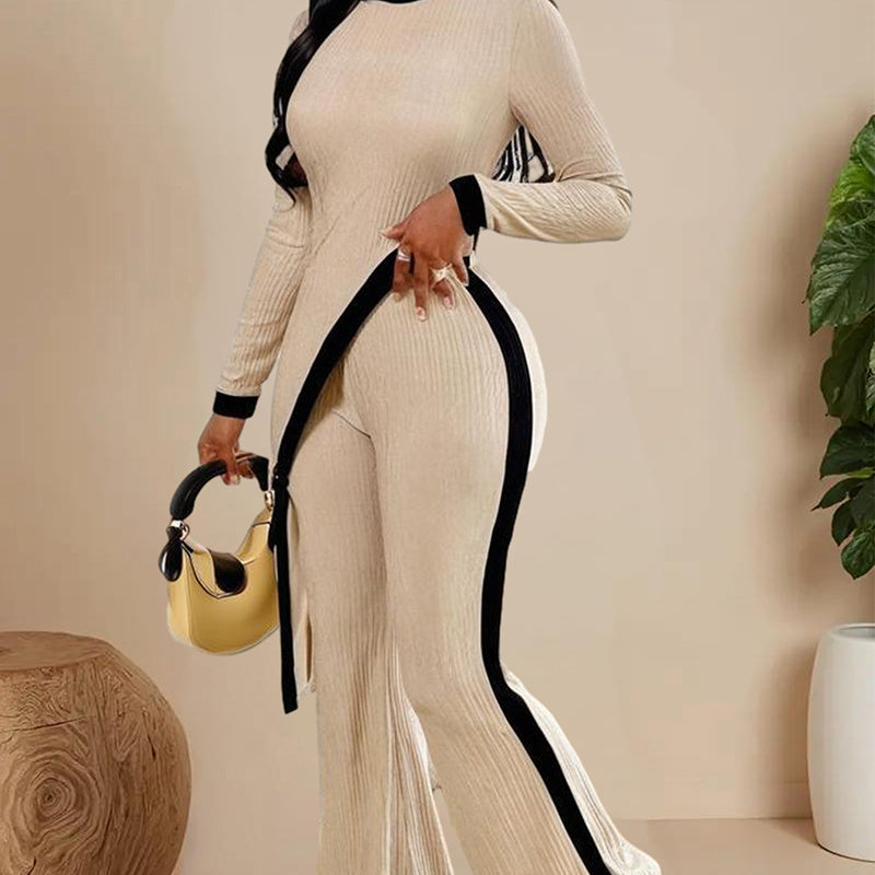 Women's  Elegant Round-neck Two-piece Long-sleeved Pants With Decorative Edges For Spring & Fall