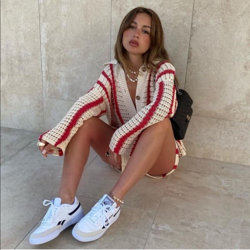 Cardigan Button Stripe Sweater Two Piece