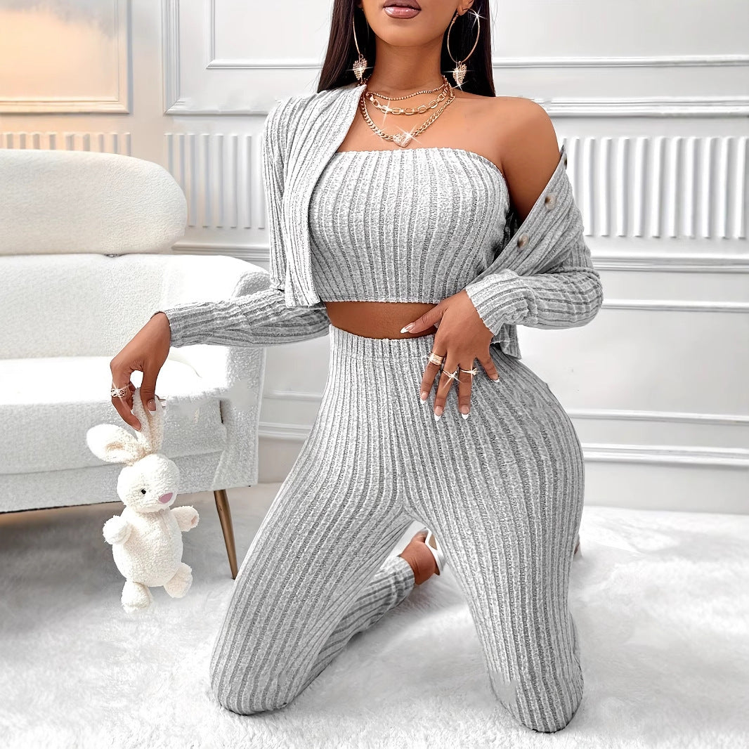 Women's Fashion Cardigan Camisole Three-piece Suit