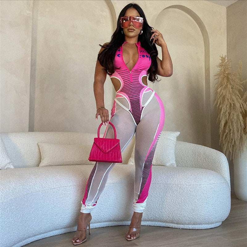 Hollow Printed Jumpsuit Mesh Stitching Casual Trousers Suit