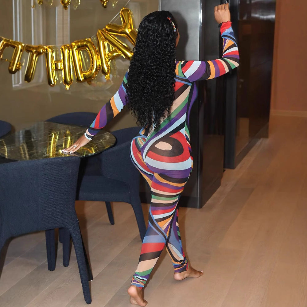 Women's Sexy Color Positioning Printing Long Sleeve Mesh Jumpsuit
