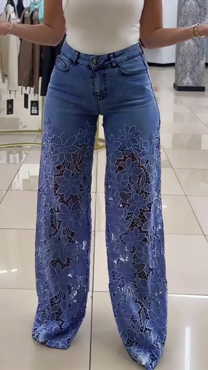 Y2K Lace Flowers Hollow Jeans Fashion High Waist Straight Wide Leg Pants Solid Color Trousers Women's Clothing