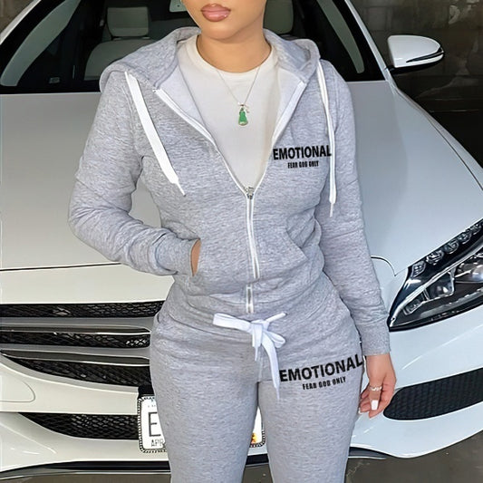 Autumn And Winter Zipper Printed Two-piece Suit