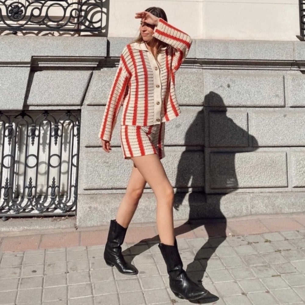 Cardigan Button Stripe Sweater Two Piece