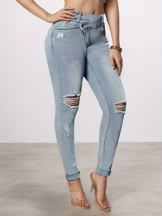 Tear Washed Denim Jeans, Women's Slim Fit Small Foot Design Slim Fit Denim Leggings, Equipped With A Beautiful Waist Belt