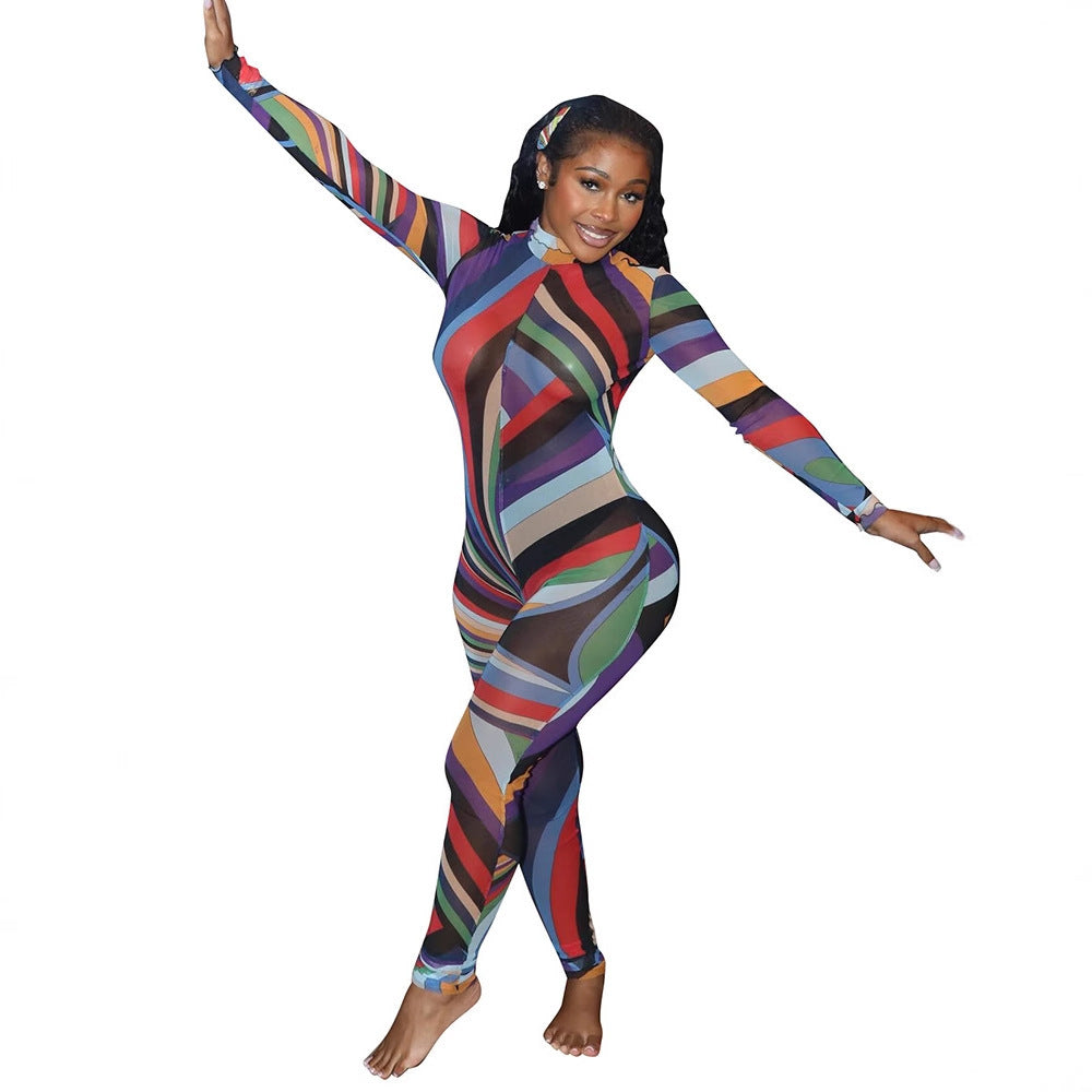 Women's Sexy Color Positioning Printing Long Sleeve Mesh Jumpsuit