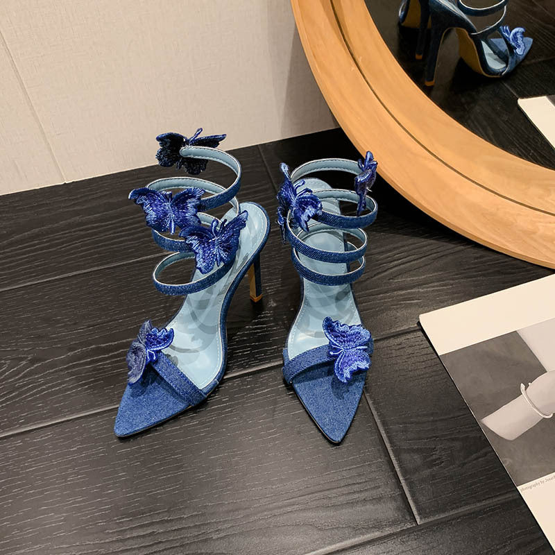 Women's Summer Pointed Toe Open Toe Bow Snake-shaped Roll French Style Women's High Heels