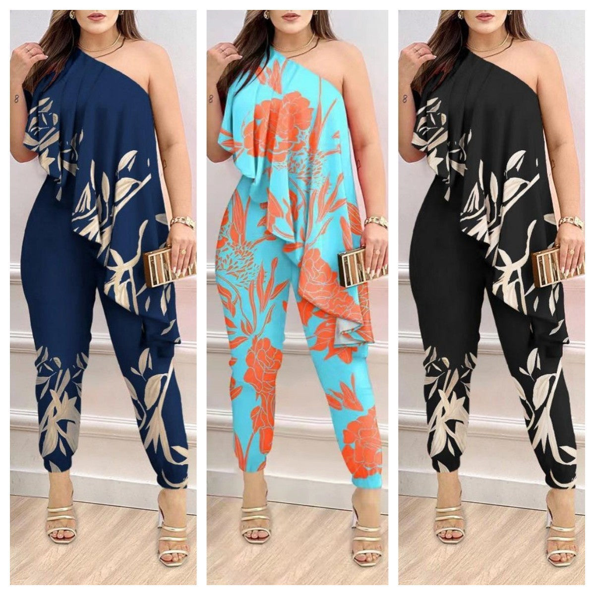 Printed One-shoulder Ruffled Jumpsuit
