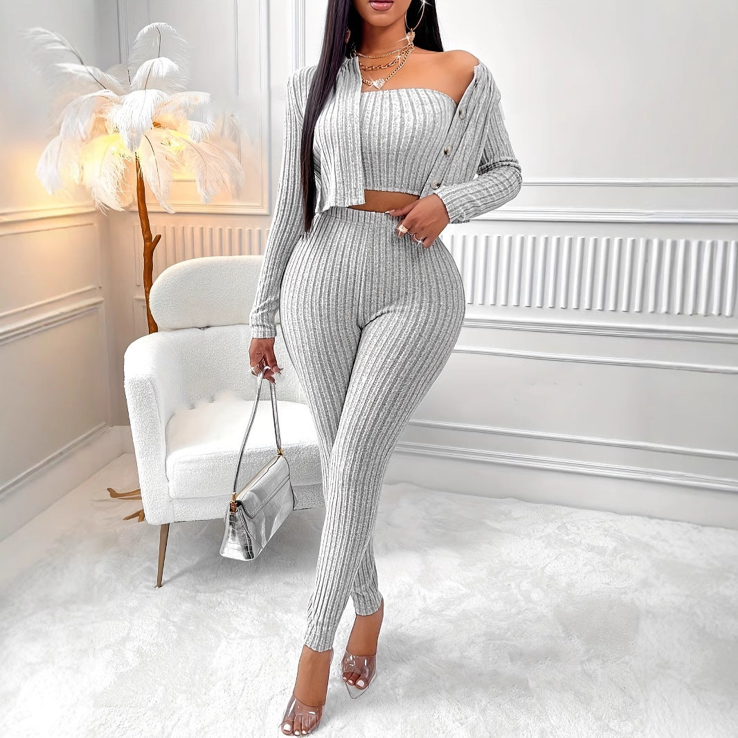 Women's Fashion Cardigan Camisole Three-piece Suit