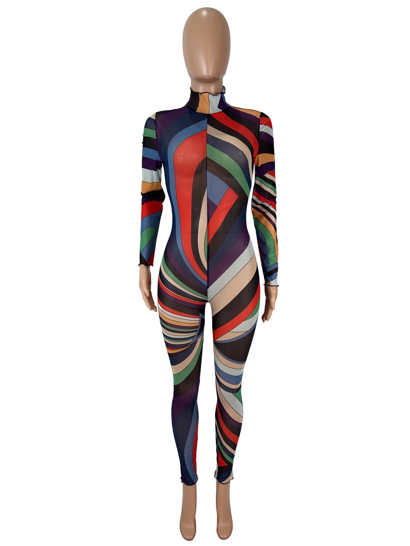 Women's Sexy Color Positioning Printing Long Sleeve Mesh Jumpsuit