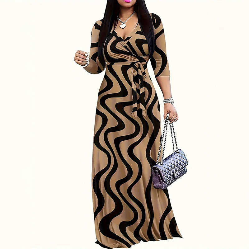 Women's Summer Geometric Print Maxi Dresses Casual 3 4 Sleeve V-Neck Tie Waist Long Dress