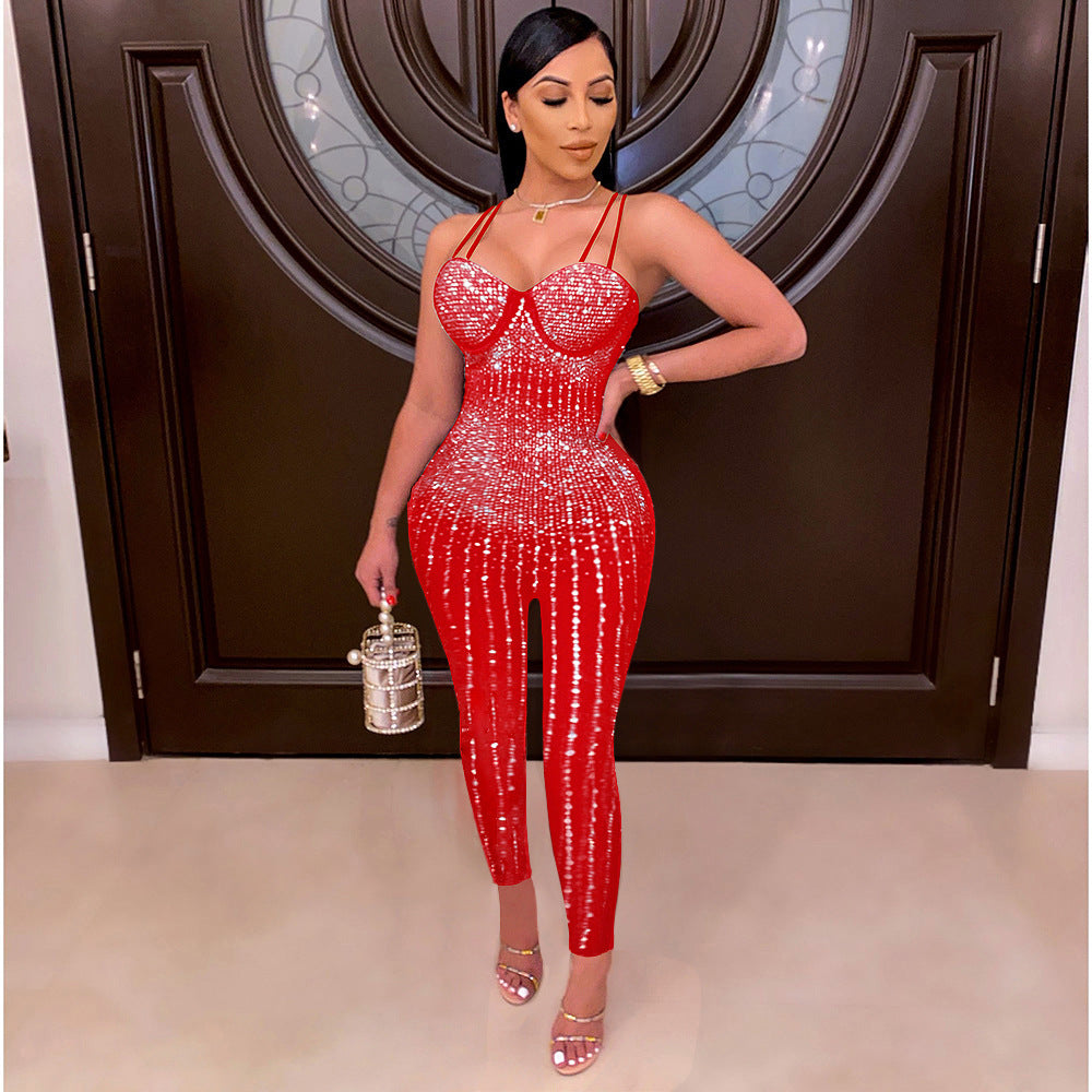 Sexy Mesh See-through Rhinestone Sleeveless Suspender Jumpsuit For Women