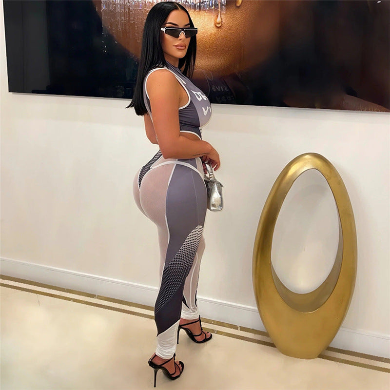 Hollow Printed Jumpsuit Mesh Stitching Casual Trousers Suit