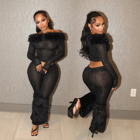 Long-sleeved Off-shoulder Top Slim-fit Trousers Furry Two-piece Set
